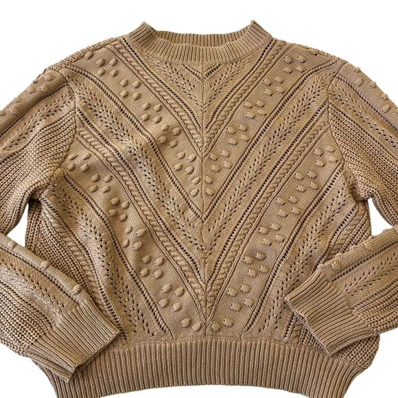 Dalilah Wool Blend Chuncky Ribbed 3D Textured Knit Fall Camel Tan Sweater, S/M - Picture 4 of 9